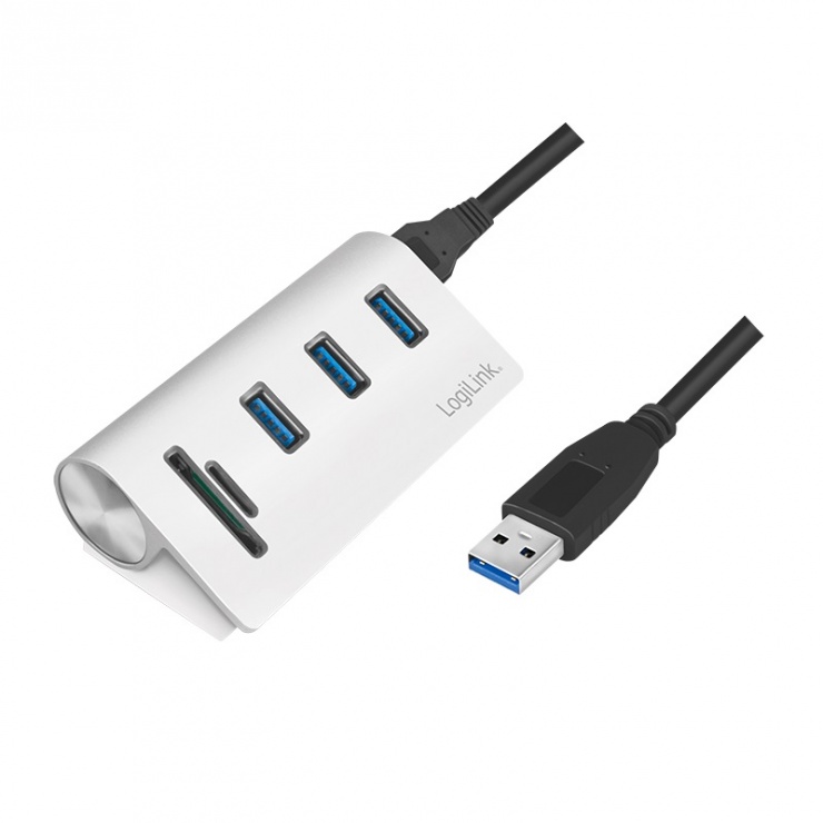 HUB USB 3.0 cu 3 porturi + cititor carduri Aluminiu, Logilink CR0045